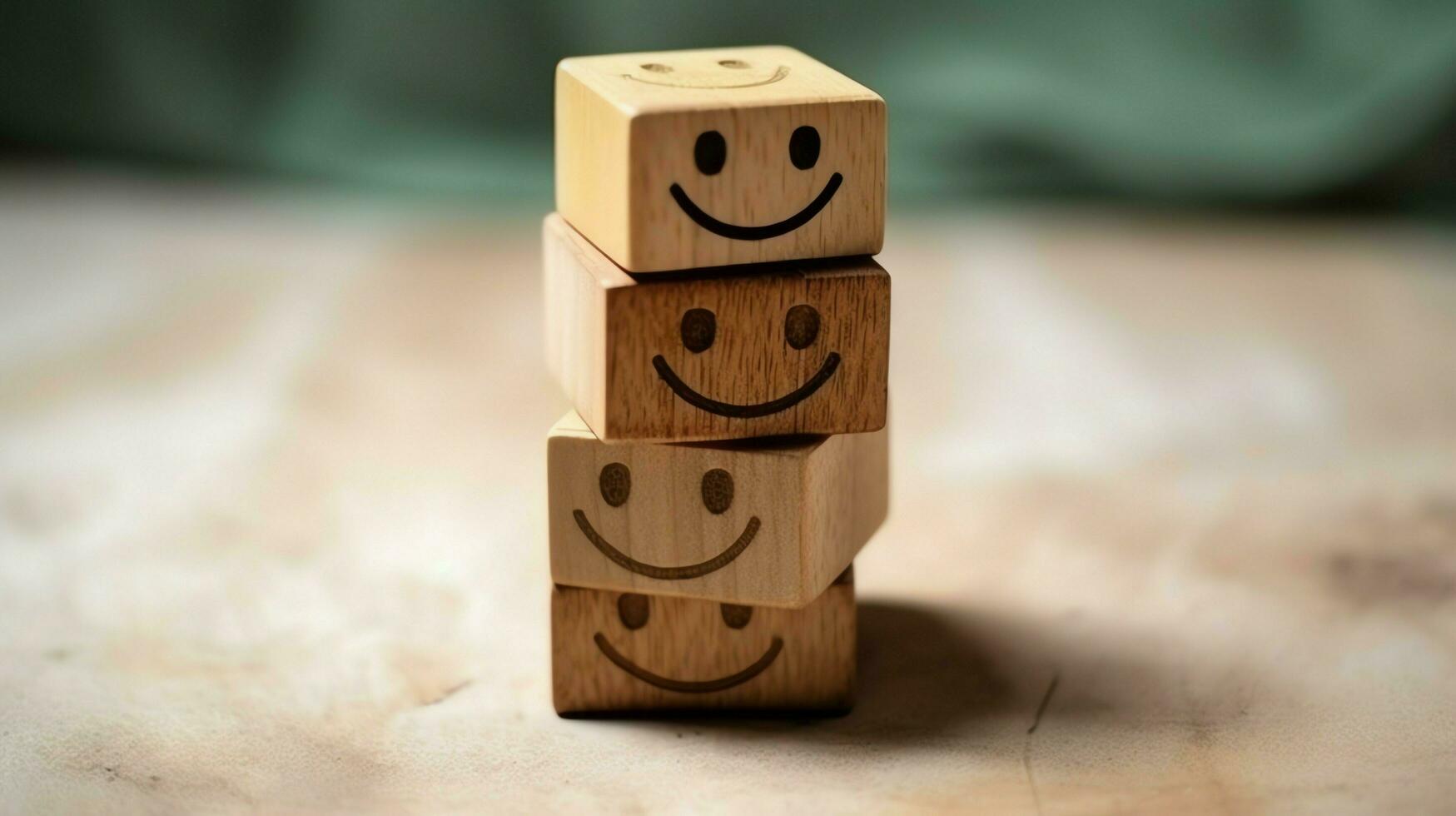 A wooden block label with happy smile relax face good feedback customer. World mental health day concept by AI Generated photo