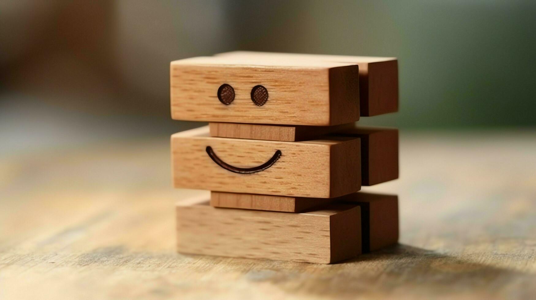 A wooden block label with happy smile relax face good feedback customer. World mental health day concept by AI Generated photo