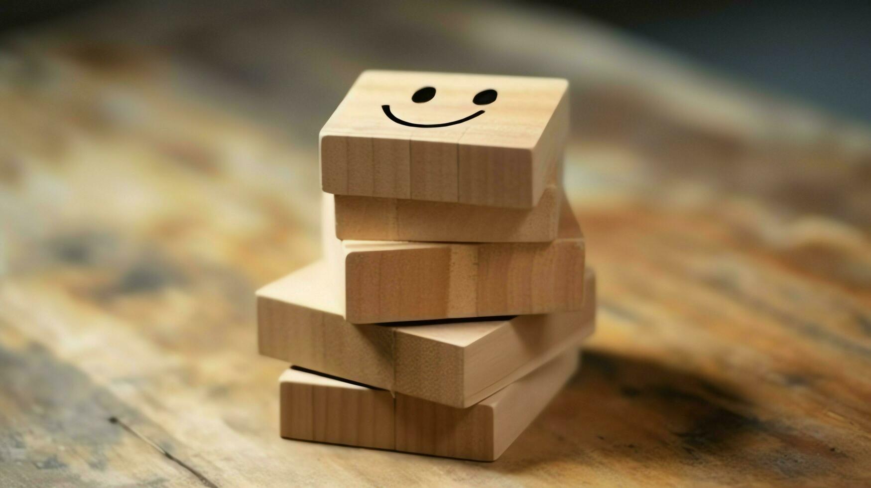 A wooden block label with happy smile relax face good feedback customer. World mental health day concept by AI Generated photo