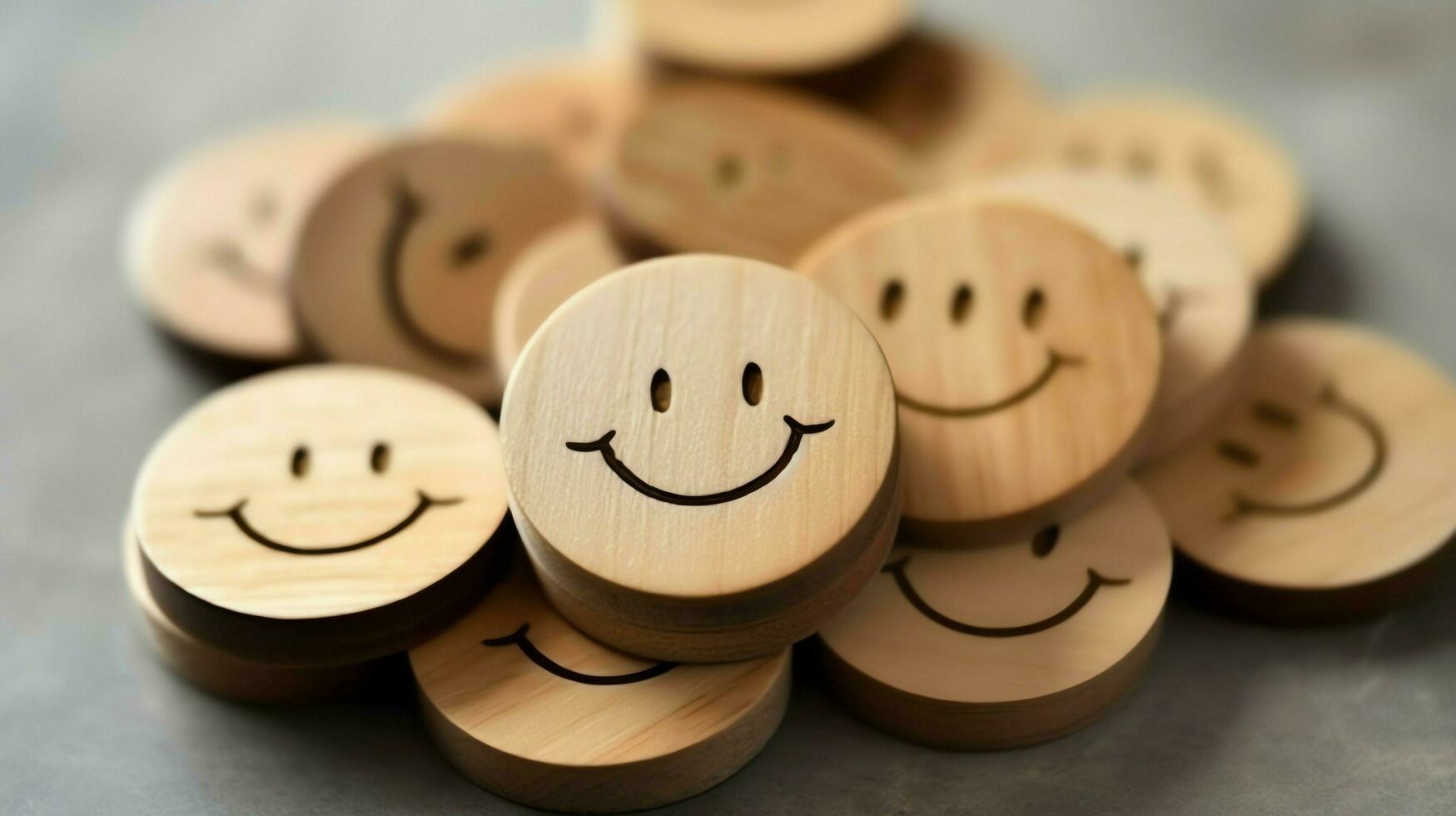 A wooden block label with happy smile relax face good feedback customer. World mental health day concept by AI Generated photo