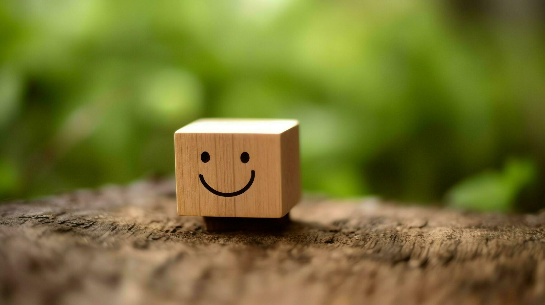 A wooden block label with happy smile relax face good feedback customer. World mental health day concept by AI Generated photo