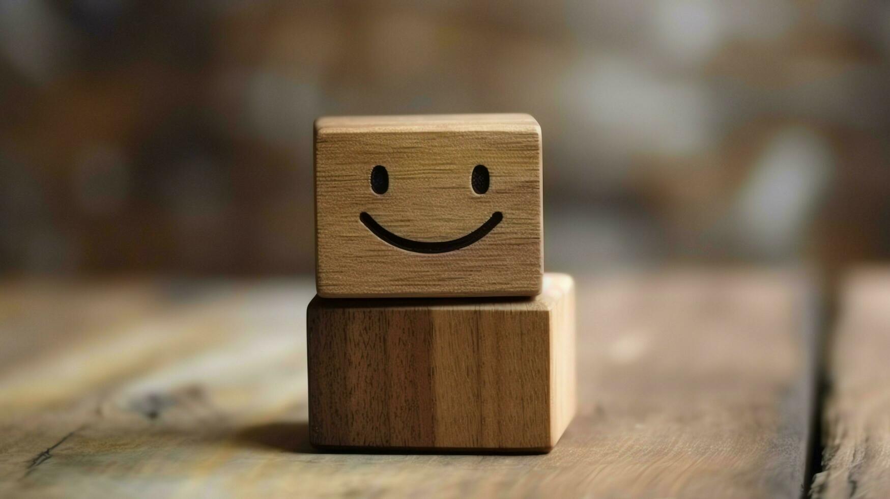 A wooden block label with happy smile relax face good feedback customer. World mental health day concept by AI Generated photo