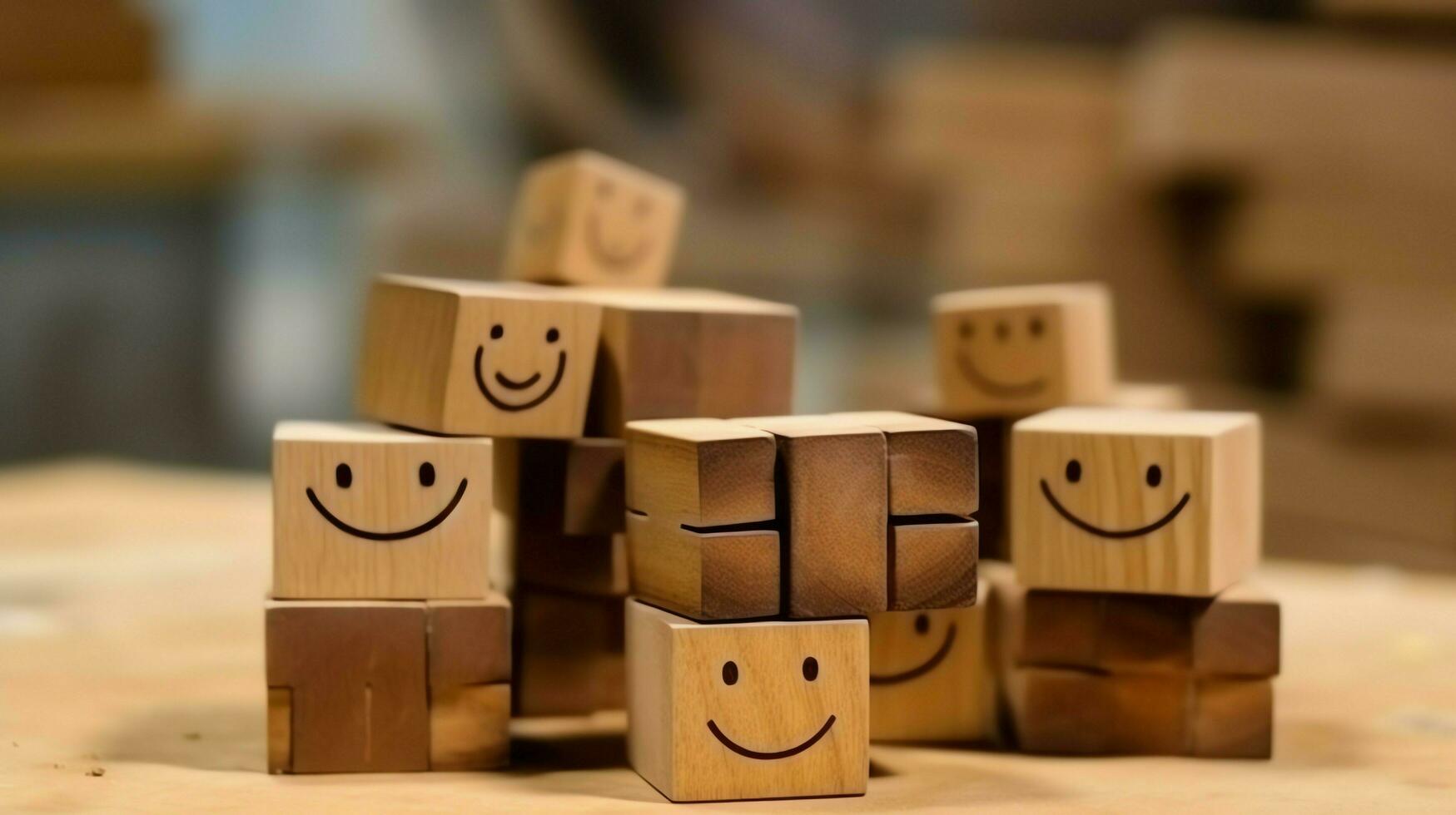 A wooden block label with happy smile relax face good feedback customer. World mental health day concept by AI Generated photo