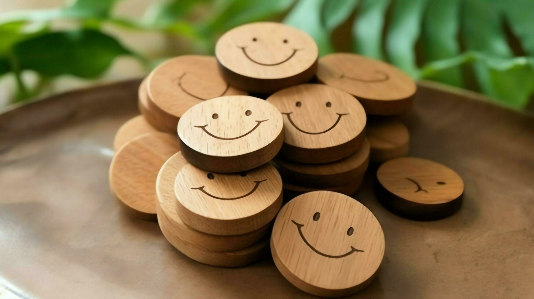 A wooden block label with happy smile relax face good feedback customer. World mental health day concept by AI Generated photo