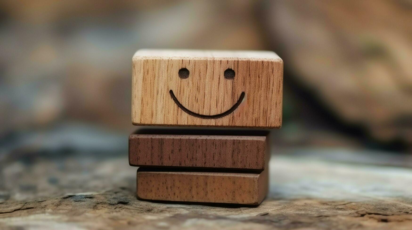 un de madera bloquear etiqueta con contento sonrisa relajarse cara bueno realimentación cliente. mundo mental salud día concepto por ai generado foto