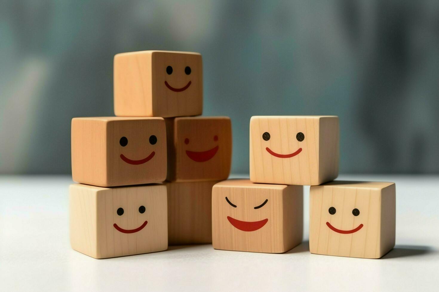 A wooden block label with happy smile relax face good feedback customer. World mental health day concept by AI Generated photo