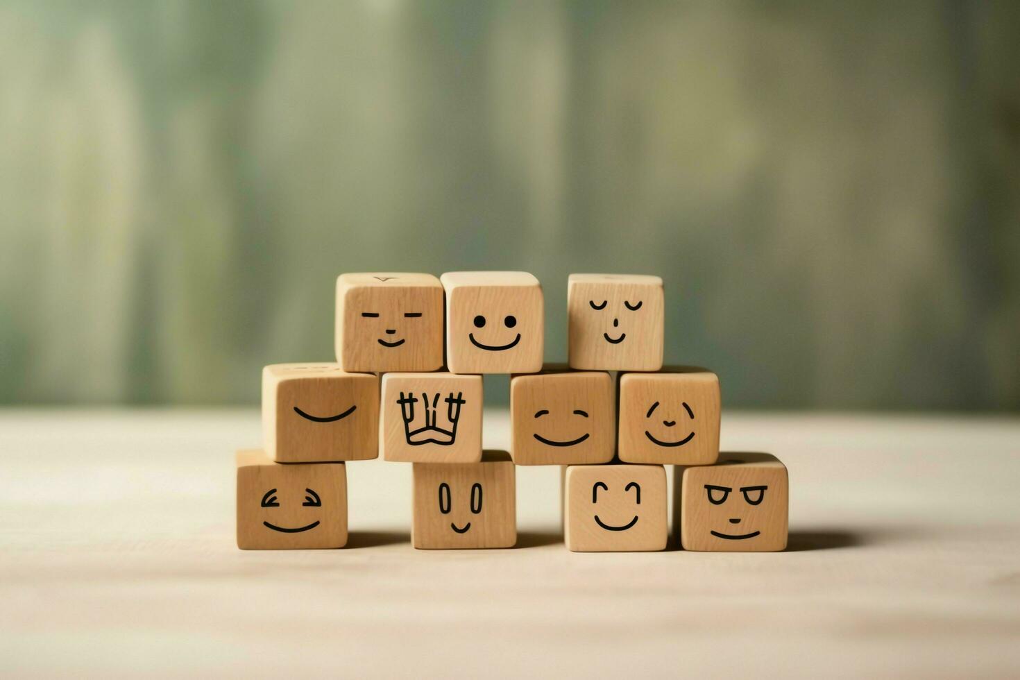 A wooden block label with happy smile relax face good feedback customer. World mental health day concept by AI Generated photo