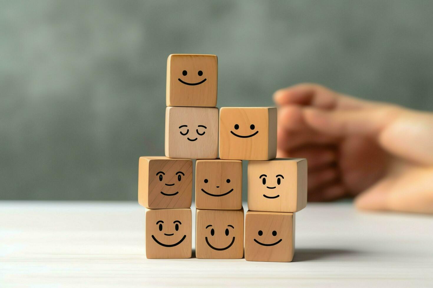 A wooden block label with happy smile relax face good feedback customer. World mental health day concept by AI Generated photo