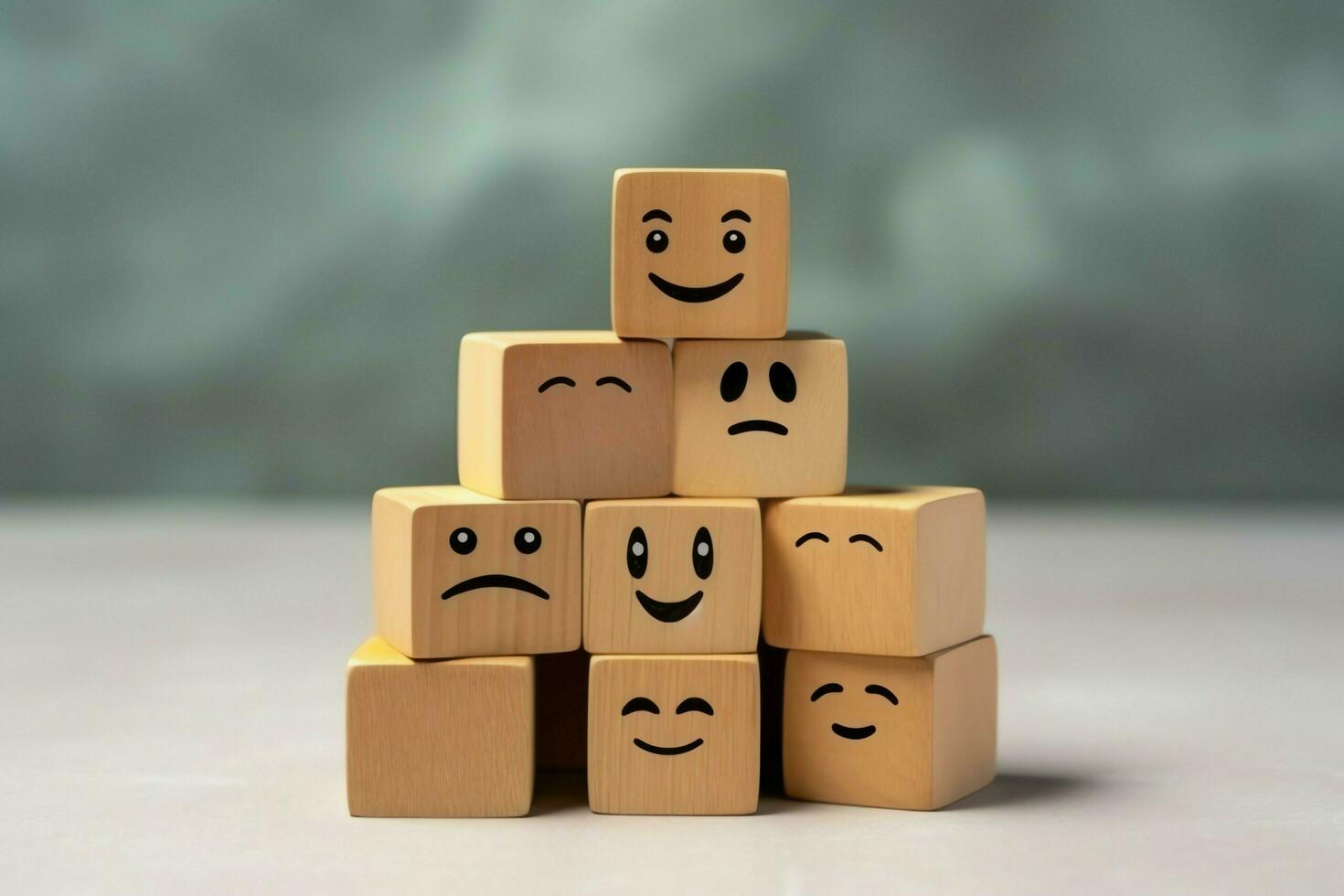 A wooden block label with happy smile relax face good feedback customer. World mental health day concept by AI Generated photo