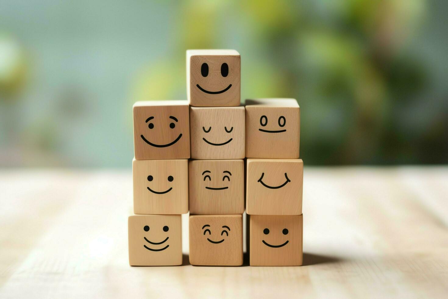 A wooden block label with happy smile relax face good feedback customer. World mental health day concept by AI Generated photo