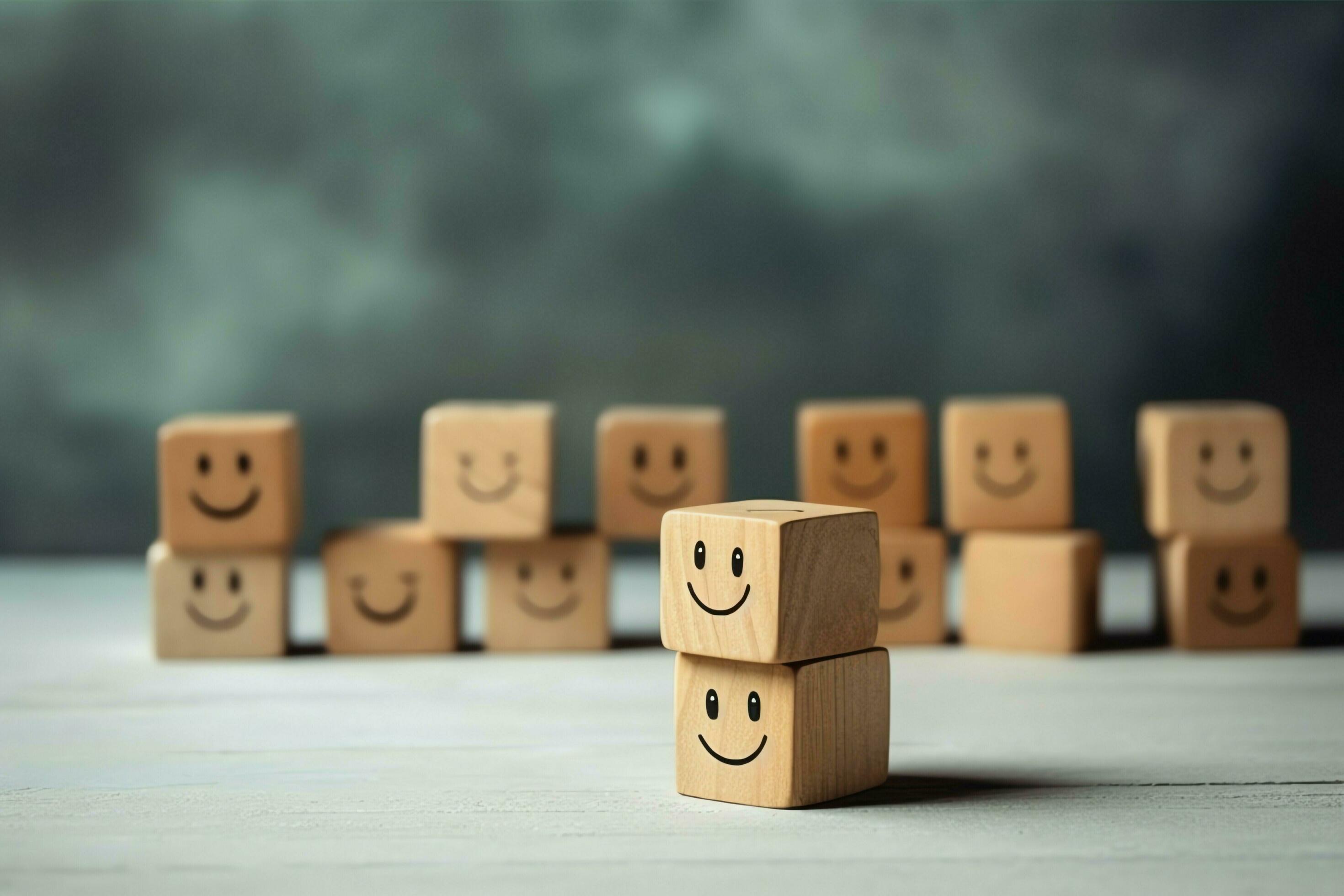 A wooden block label with happy smile relax face good feedback customer. World mental health day