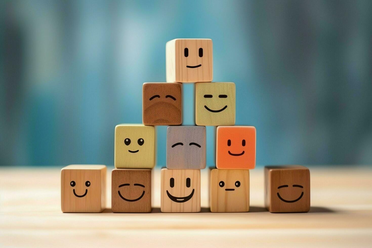 A wooden block label with happy smile relax face good feedback customer. World mental health day concept by AI Generated photo