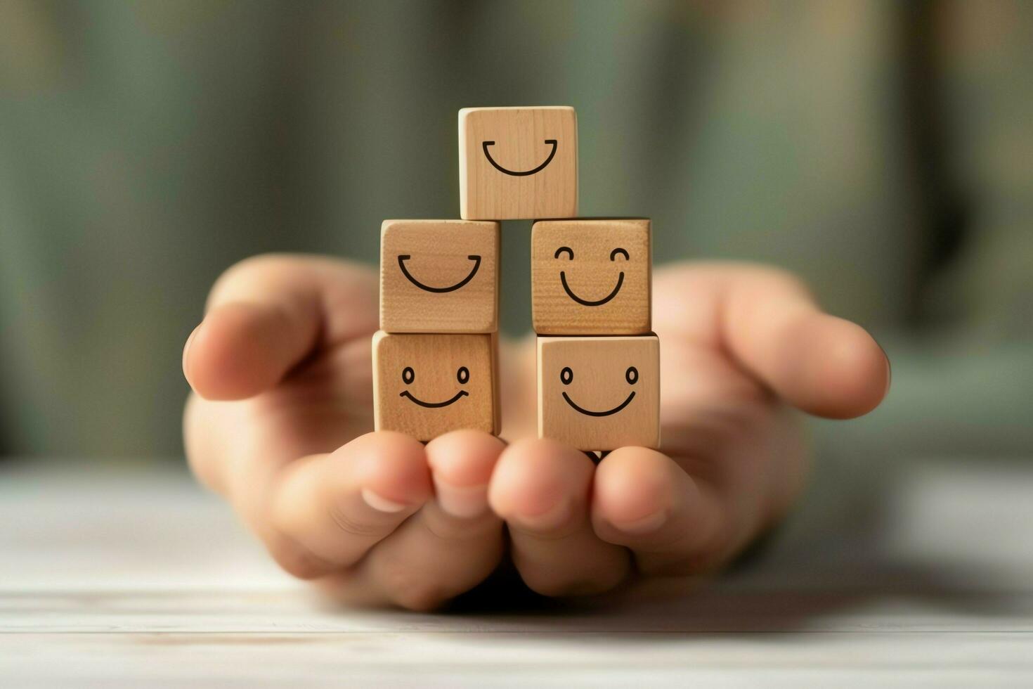 A wooden block label with happy smile relax face good feedback customer. World mental health day concept by AI Generated photo