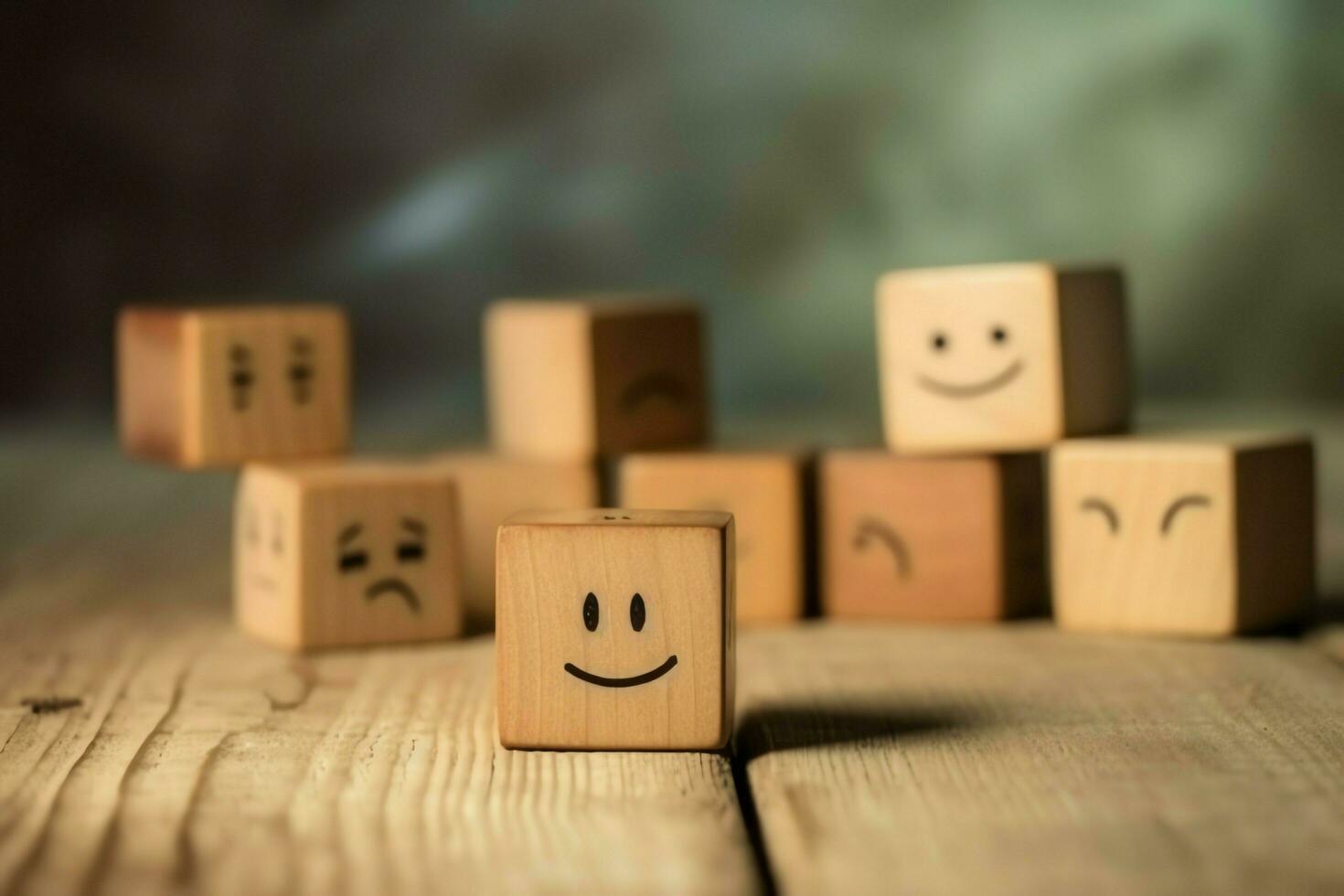 A wooden block label with happy smile relax face good feedback customer. World mental health day concept by AI Generated photo