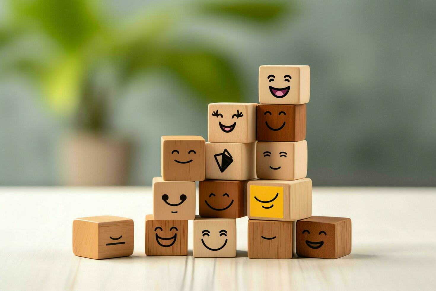 A wooden block label with happy smile relax face good feedback customer. World mental health day concept by AI Generated photo