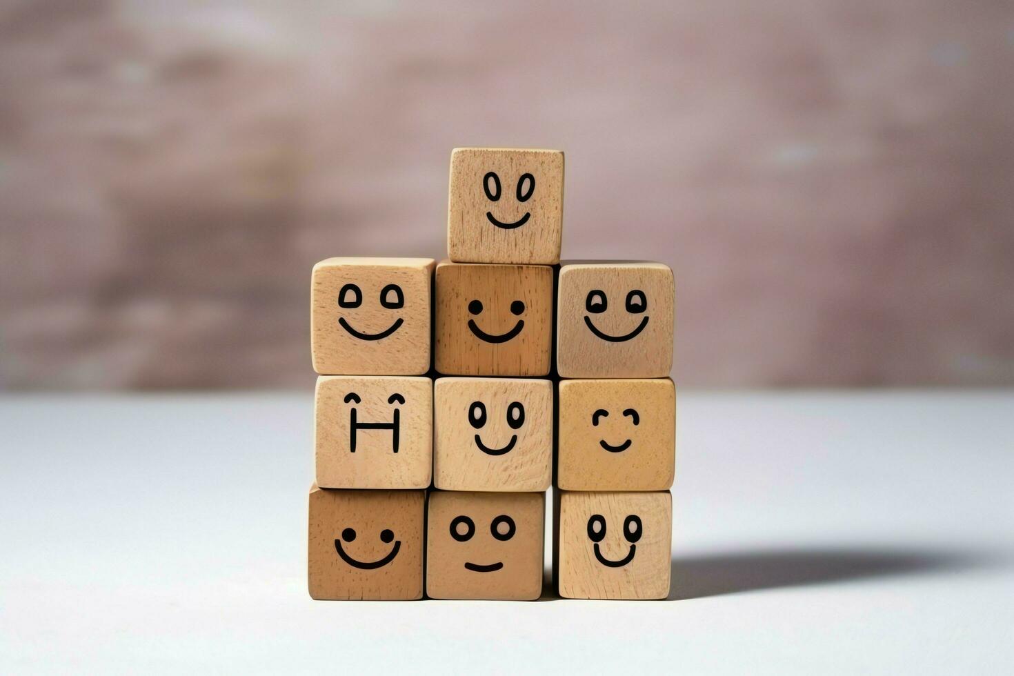 A wooden block label with happy smile relax face good feedback customer. World mental health day concept by AI Generated photo