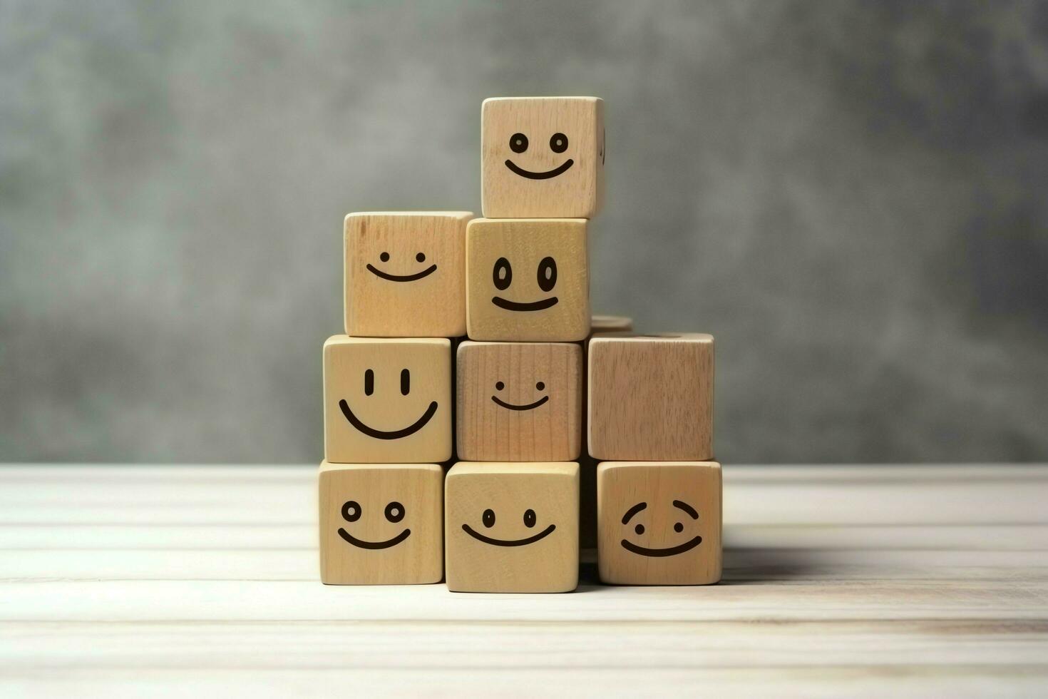 A wooden block label with happy smile relax face good feedback customer. World mental health day concept by AI Generated photo