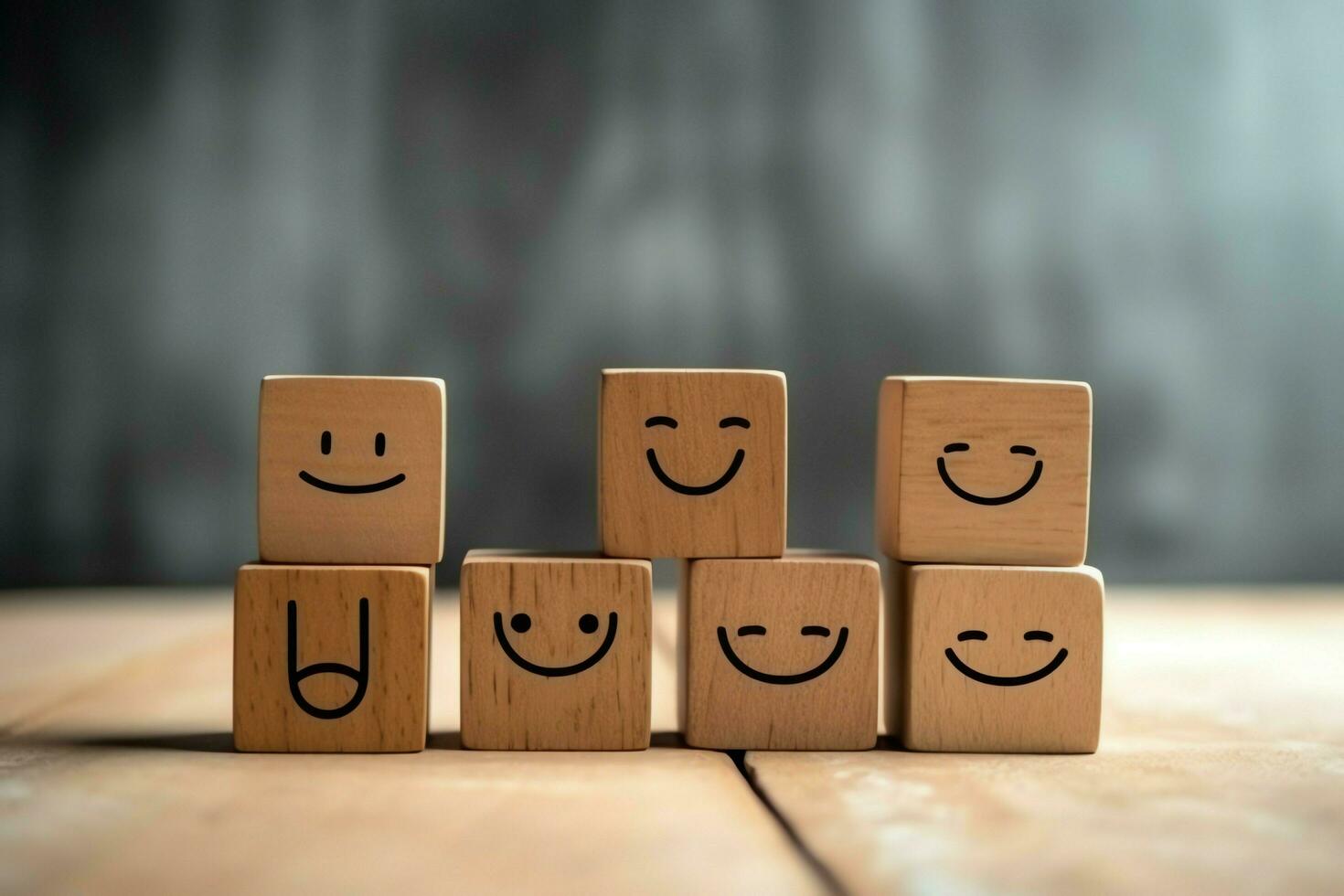 A wooden block label with happy smile relax face good feedback customer. World mental health day concept by AI Generated photo