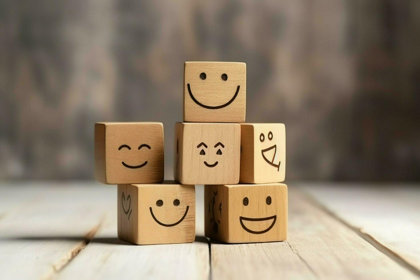 A wooden block label with happy smile relax face good feedback customer. World mental health day concept by AI Generated photo