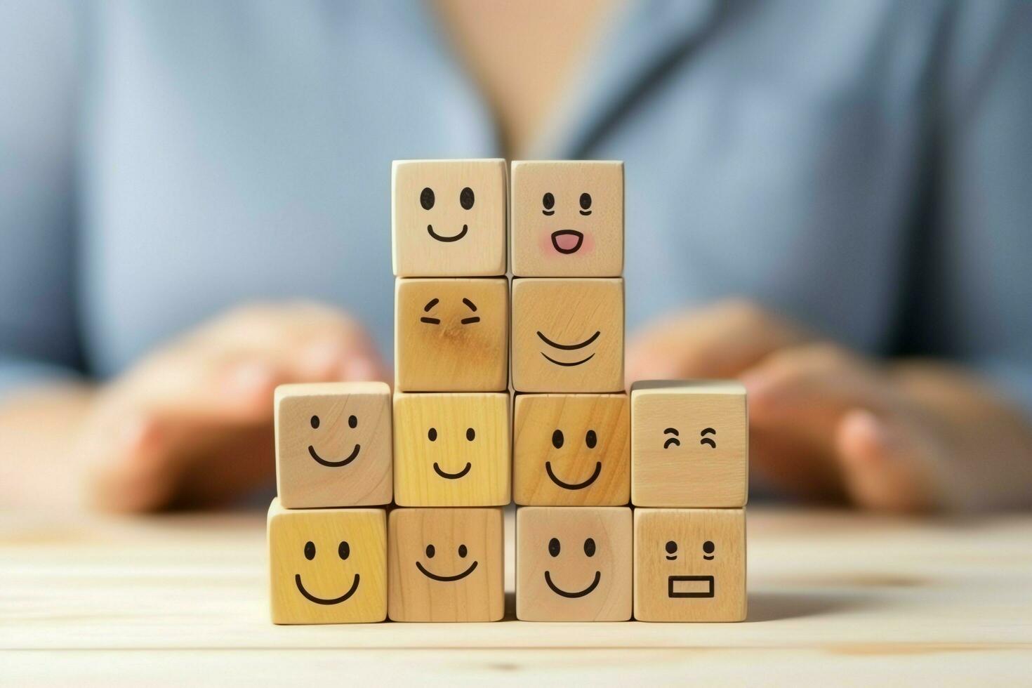 A wooden block label with happy smile relax face good feedback customer. World mental health day concept by AI Generated photo