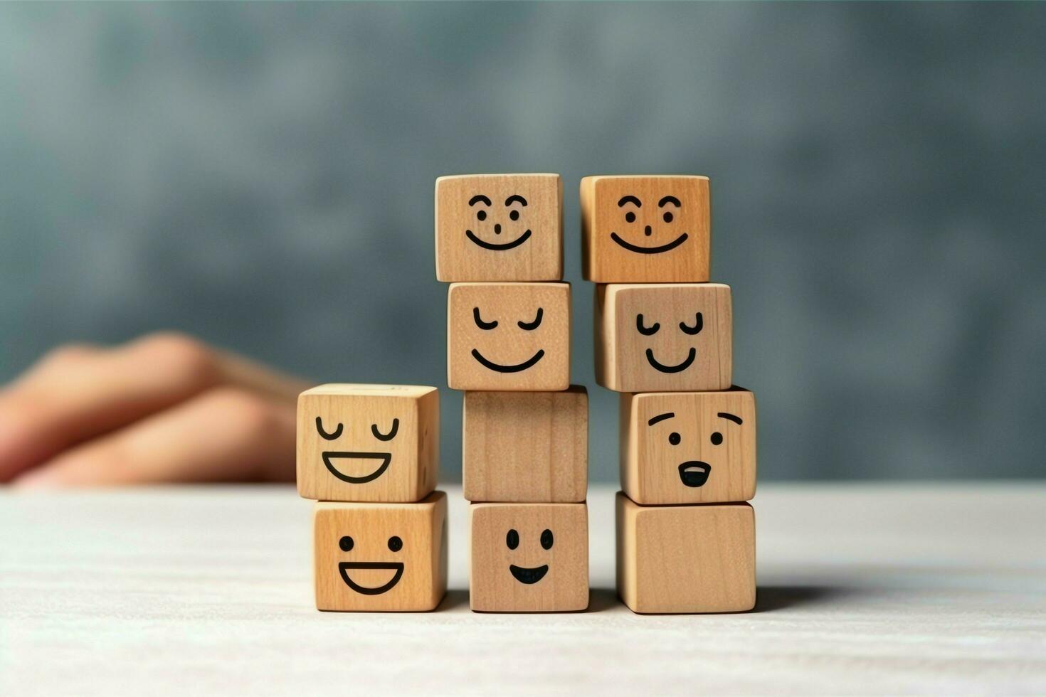 A wooden block label with happy smile relax face good feedback customer. World mental health day concept by AI Generated photo