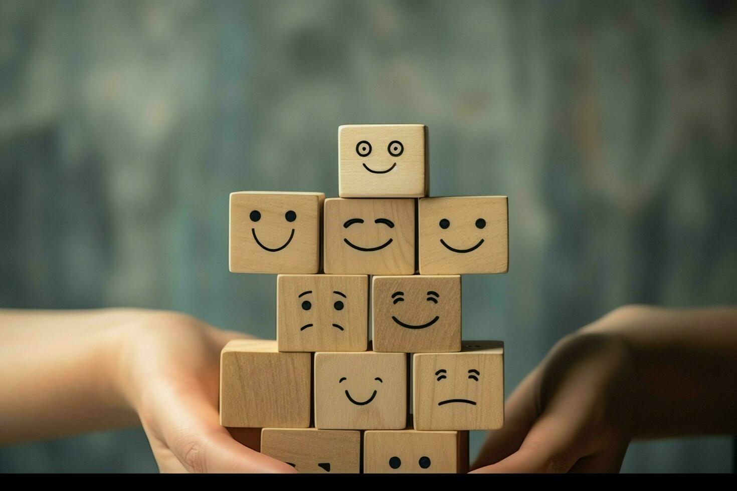 A wooden block label with happy smile relax face good feedback customer. World mental health day concept by AI Generated photo