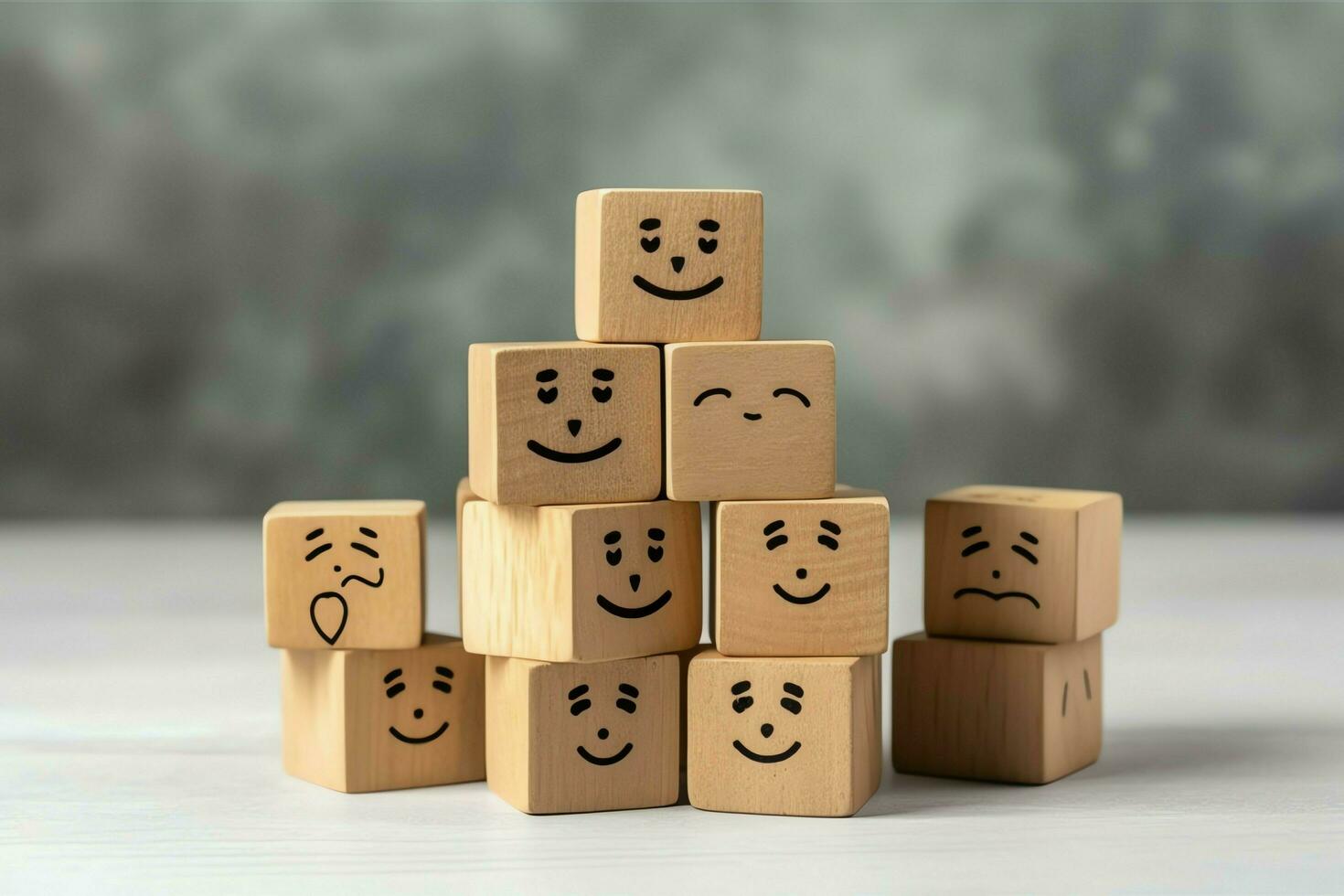 A wooden block label with happy smile relax face good feedback customer. World mental health day concept by AI Generated photo