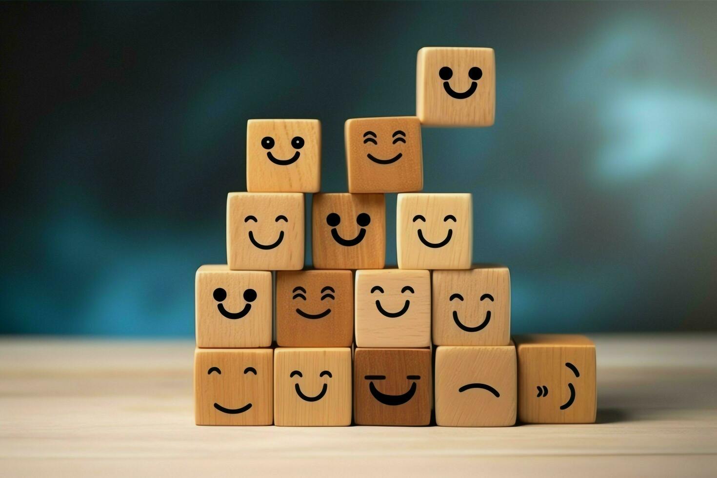 A wooden block label with happy smile relax face good feedback customer. World mental health day concept by AI Generated photo