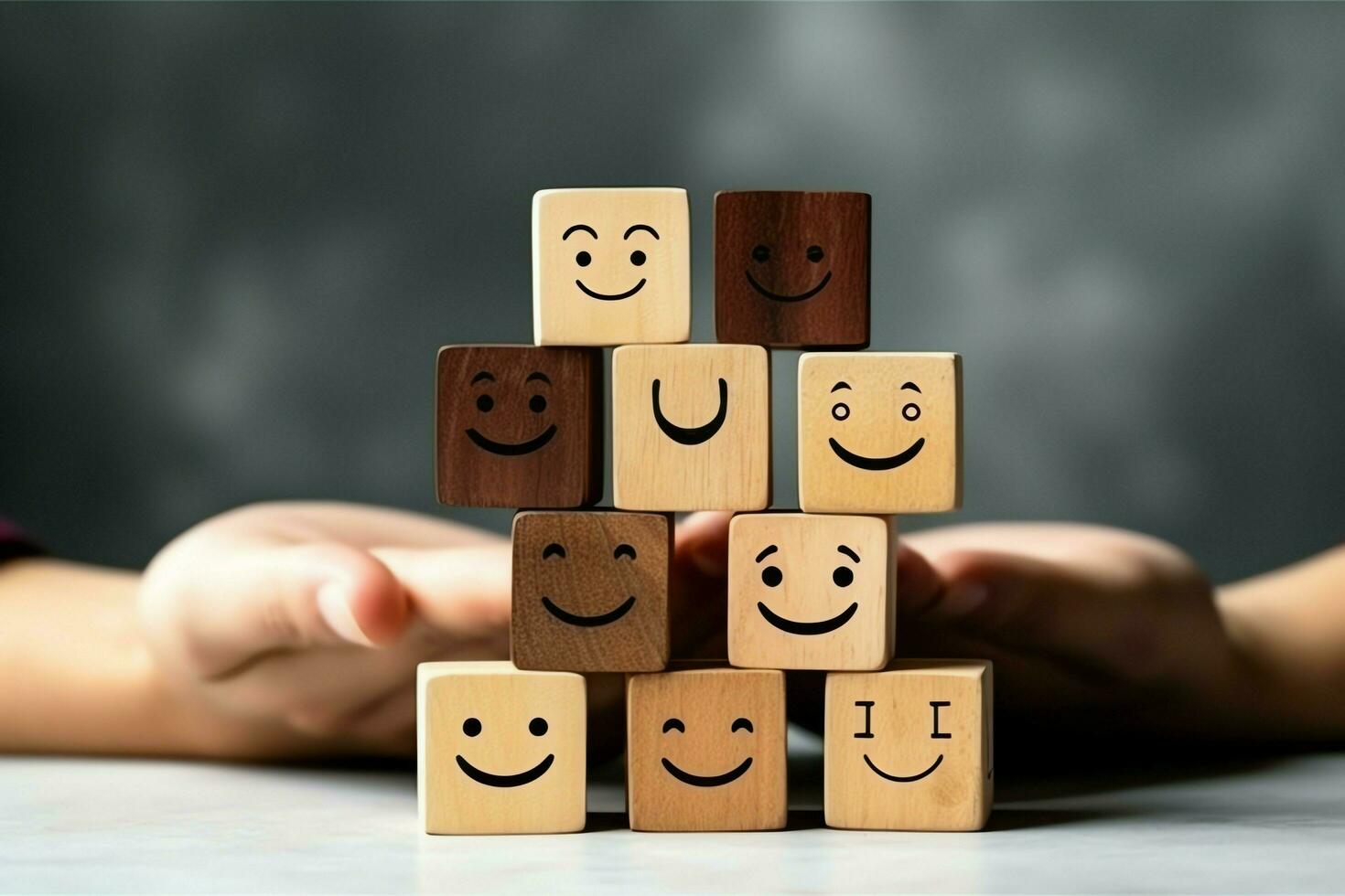 A wooden block label with happy smile relax face good feedback customer. World mental health day concept by AI Generated photo