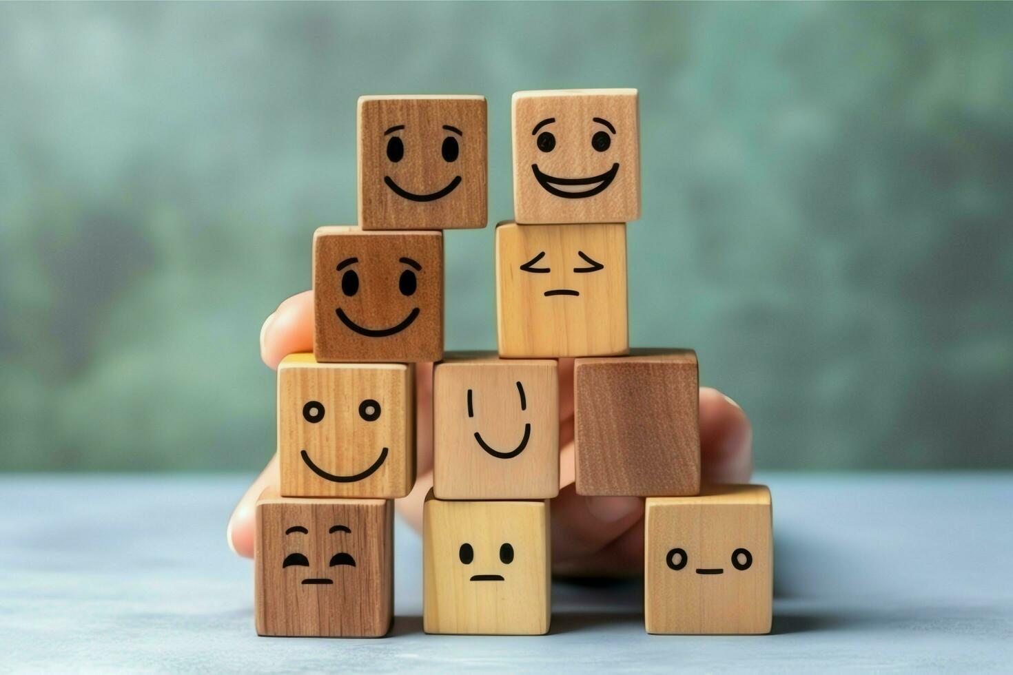 A wooden block label with happy smile relax face good feedback customer. World mental health day concept by AI Generated photo