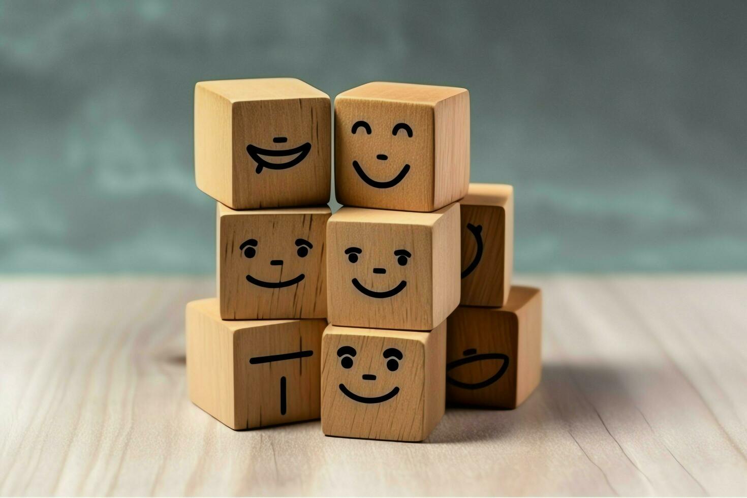 A wooden block label with happy smile relax face good feedback customer. World mental health day concept by AI Generated photo