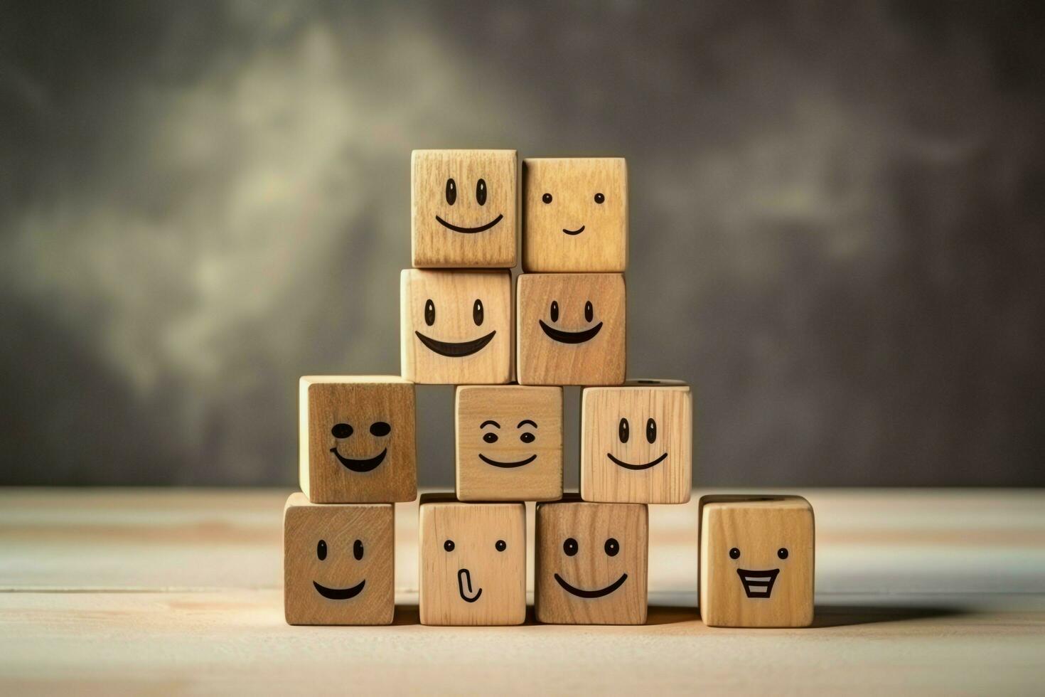 A wooden block label with happy smile relax face good feedback customer. World mental health day concept by AI Generated photo