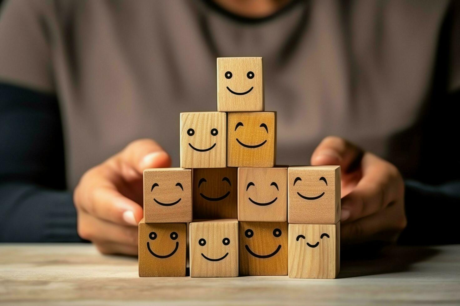 A wooden block label with happy smile relax face good feedback customer. World mental health day concept by AI Generated photo