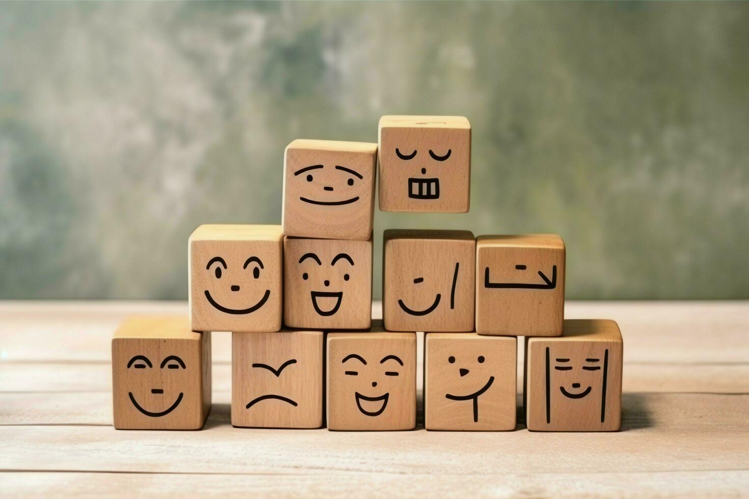 A wooden block label with happy smile relax face good feedback customer. World mental health day concept by AI Generated photo