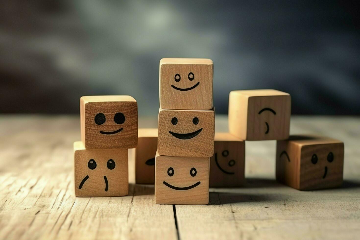 A wooden block label with happy smile relax face good feedback customer. World mental health day concept by AI Generated photo