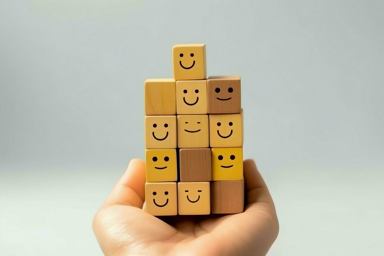 A wooden block label with happy smile relax face good feedback customer. World mental health day concept by AI Generated photo