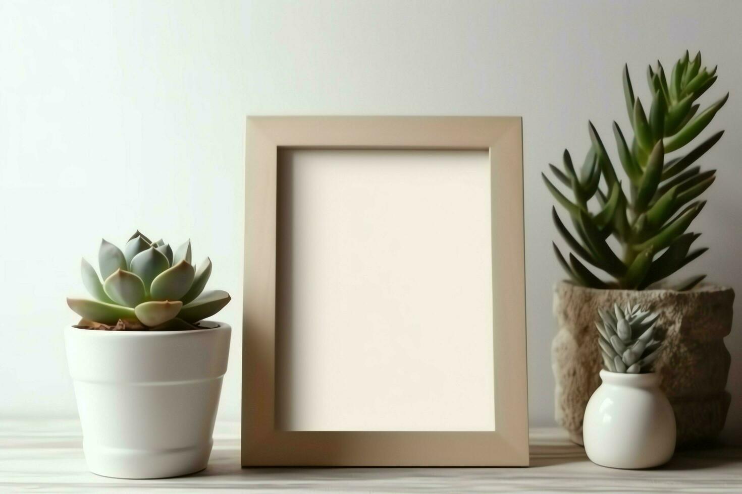 Frame mock up of blank picture standing on a shelf with succulent plant or cactus in scandinavian concept by AI Generated photo