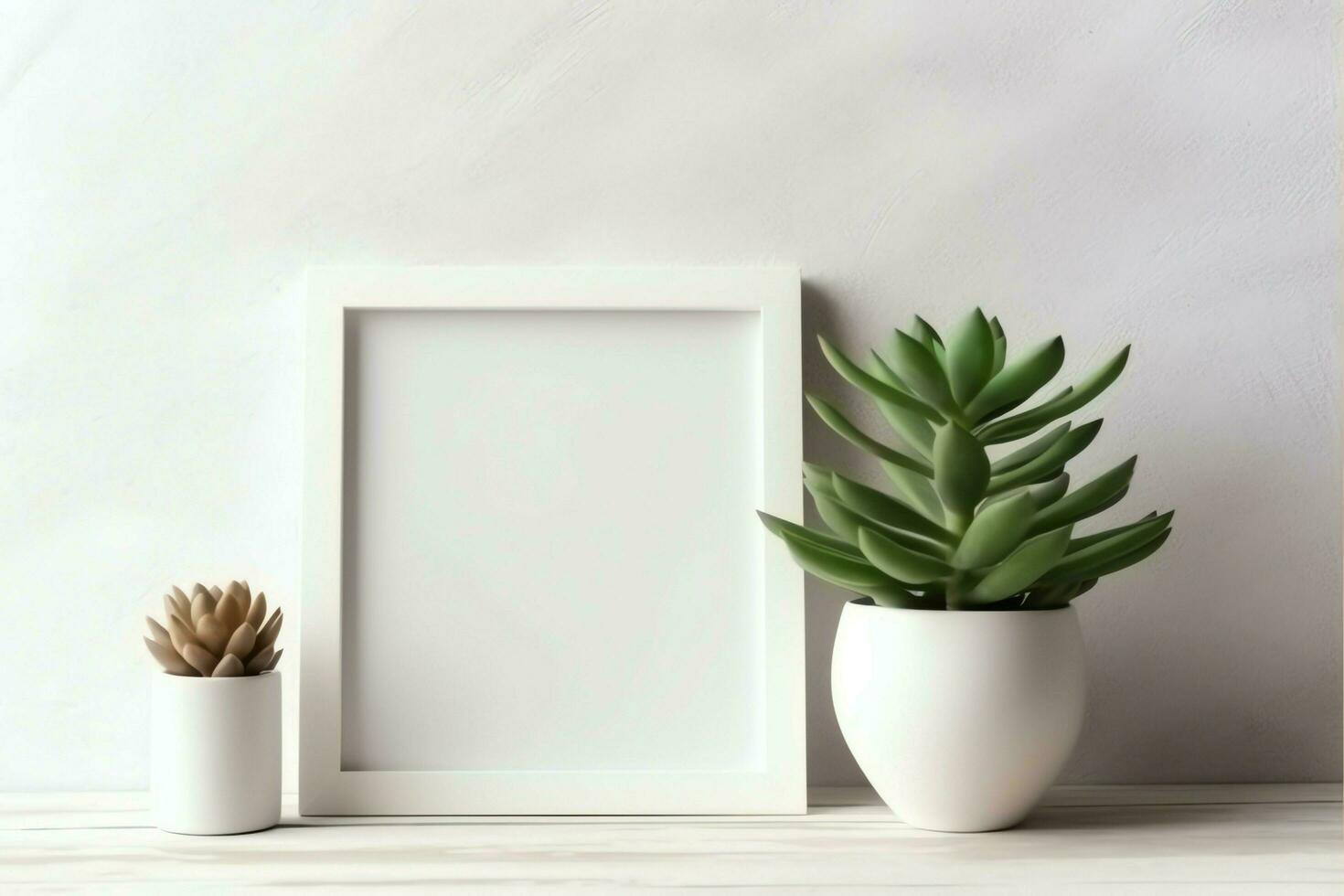 Frame mock up of blank picture standing on a shelf with succulent plant or cactus in scandinavian concept by AI Generated photo