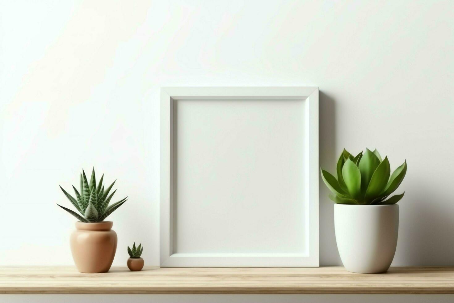 Frame mock up of blank picture standing on a shelf with succulent plant or cactus in scandinavian concept by AI Generated photo