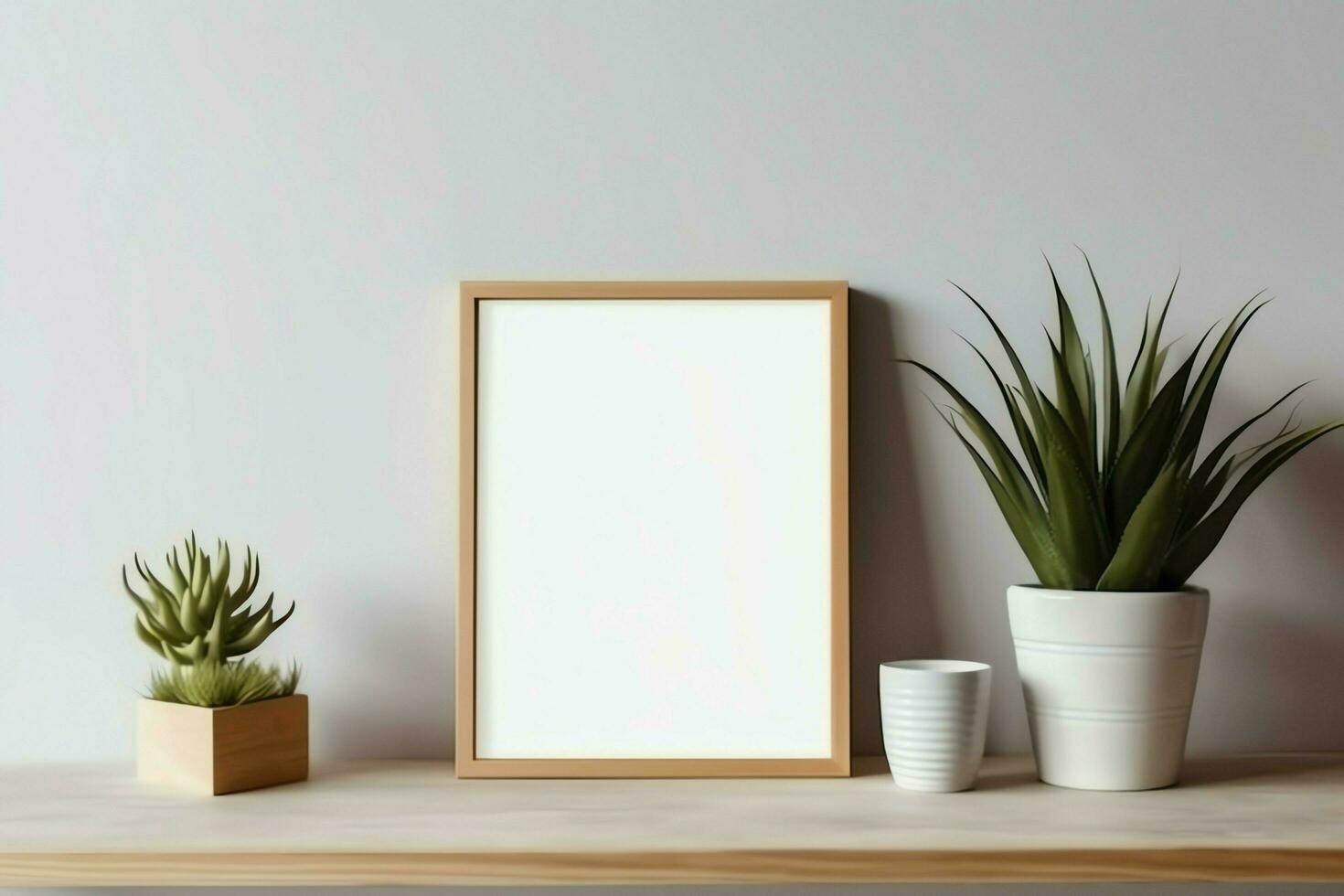 Frame mock up of blank picture standing on a shelf with succulent plant or cactus in scandinavian concept by AI Generated photo