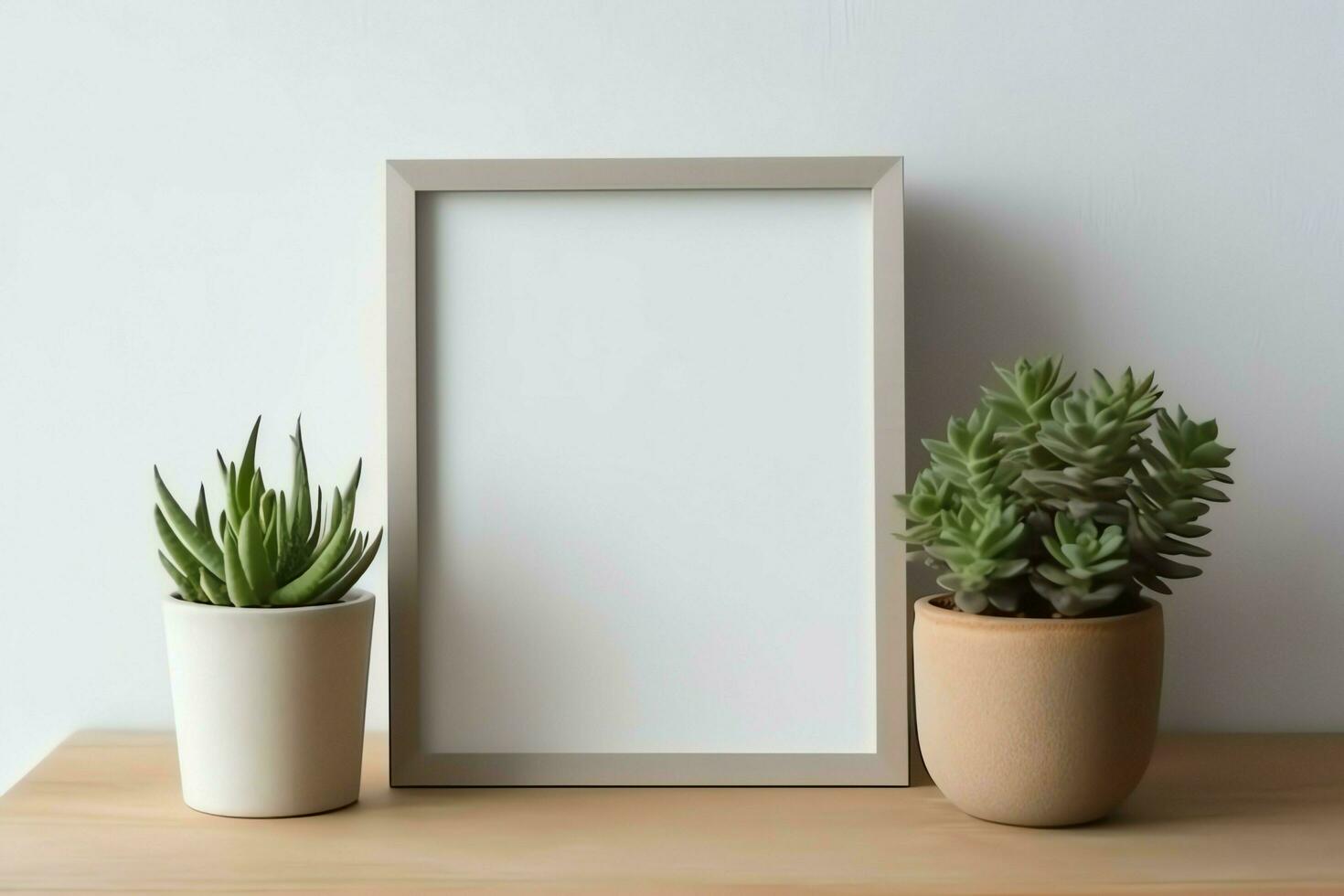 Frame mock up of blank picture standing on a shelf with succulent plant or cactus in scandinavian concept by AI Generated photo