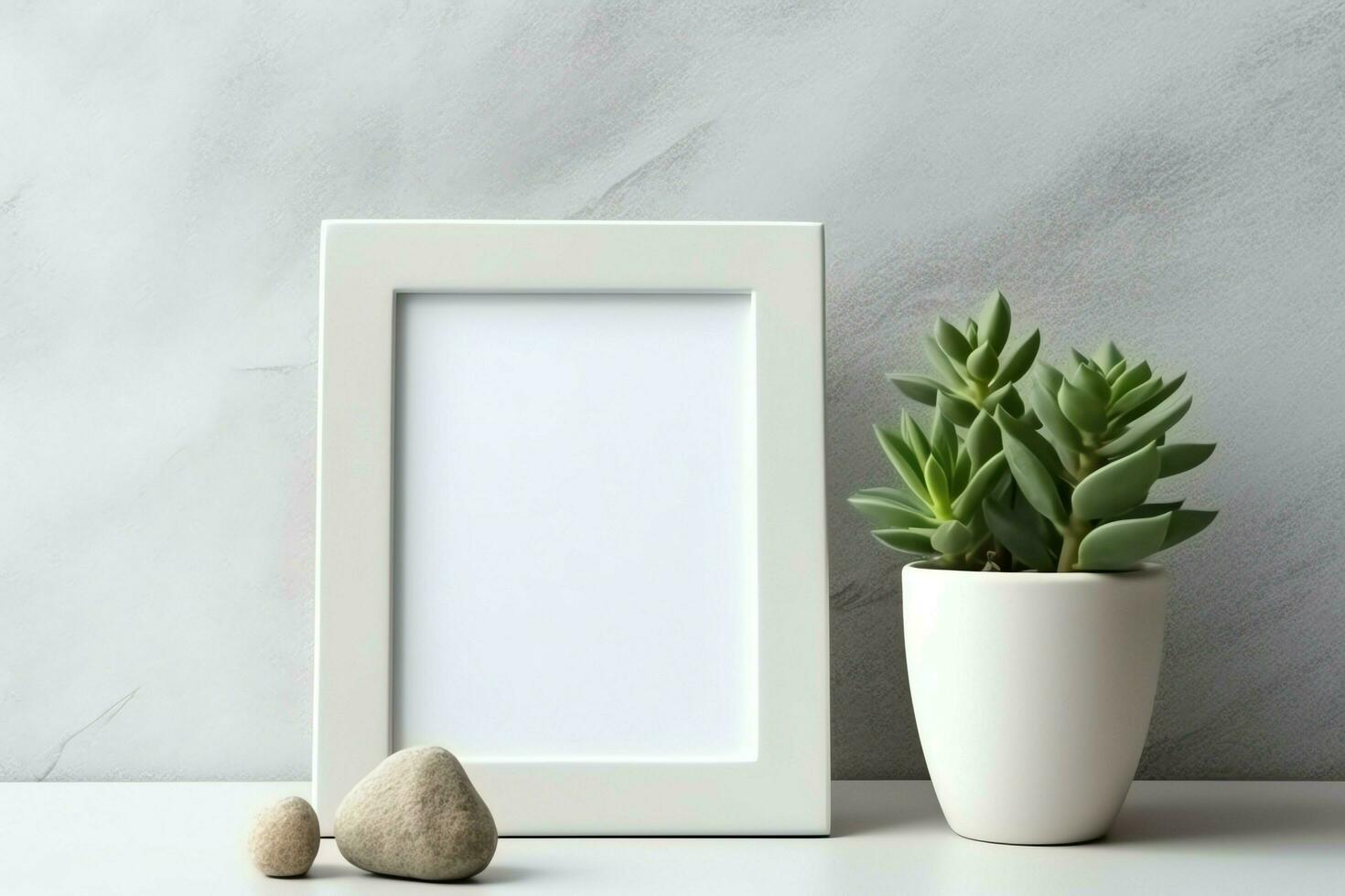 Frame mock up of blank picture standing on a shelf with succulent plant or cactus in scandinavian concept by AI Generated photo