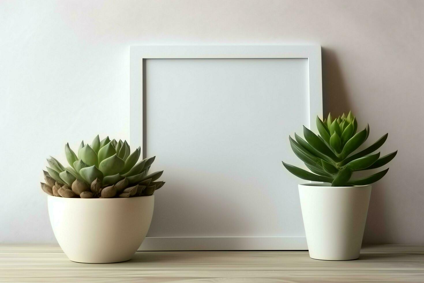 Frame mock up of blank picture standing on a shelf with succulent plant or cactus in scandinavian concept by AI Generated photo