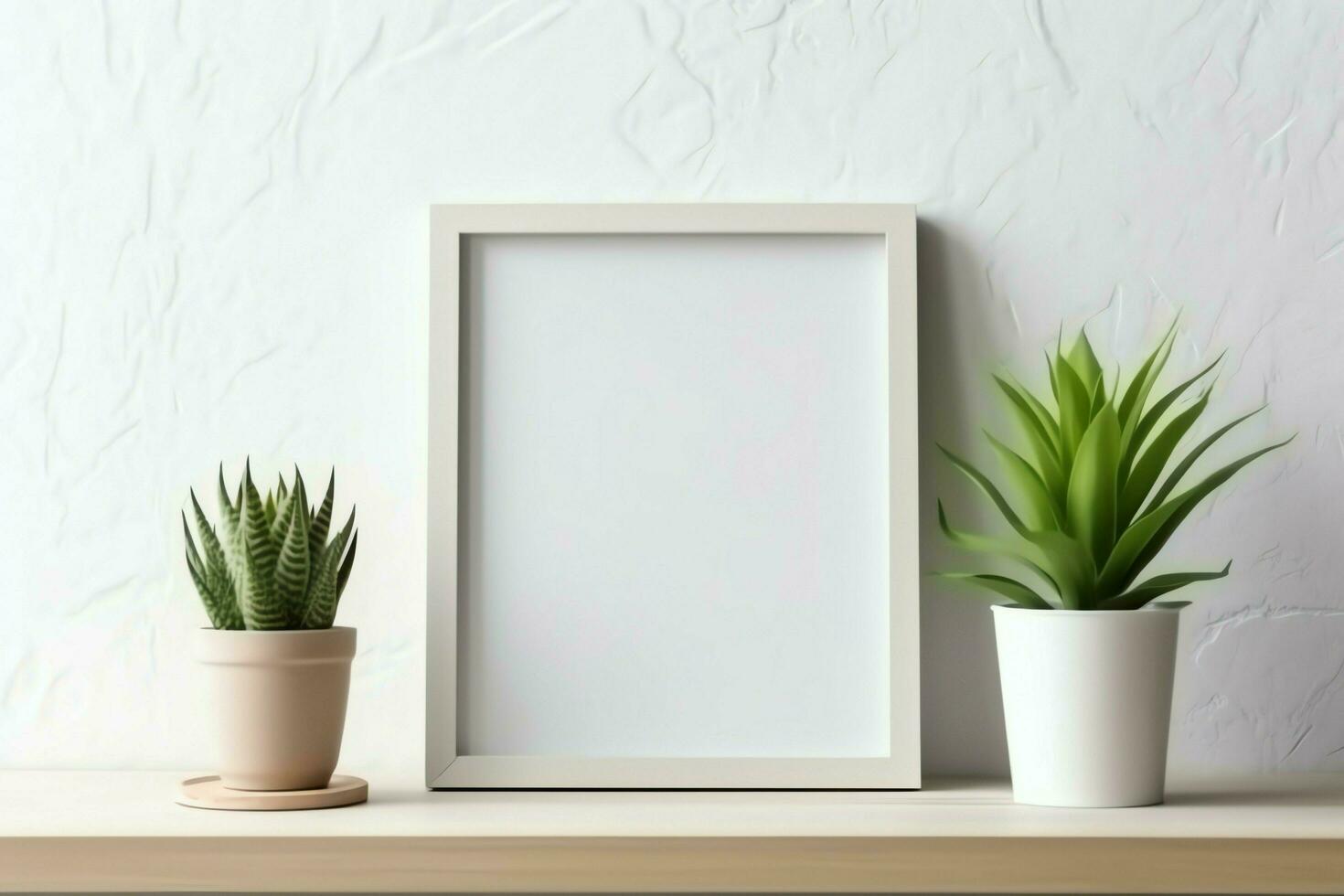 Frame mock up of blank picture standing on a shelf with succulent plant or cactus in scandinavian concept by AI Generated photo