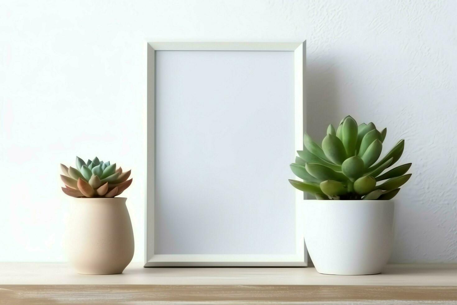 Frame mock up of blank picture standing on a shelf with succulent plant or cactus in scandinavian concept by AI Generated photo