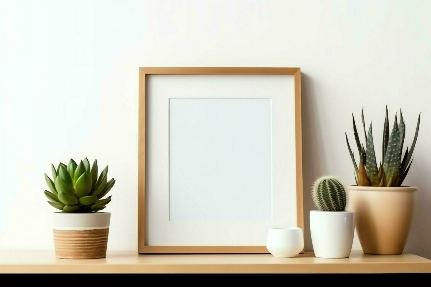 Frame mock up of blank picture standing on a shelf with succulent plant or cactus in scandinavian concept by AI Generated photo