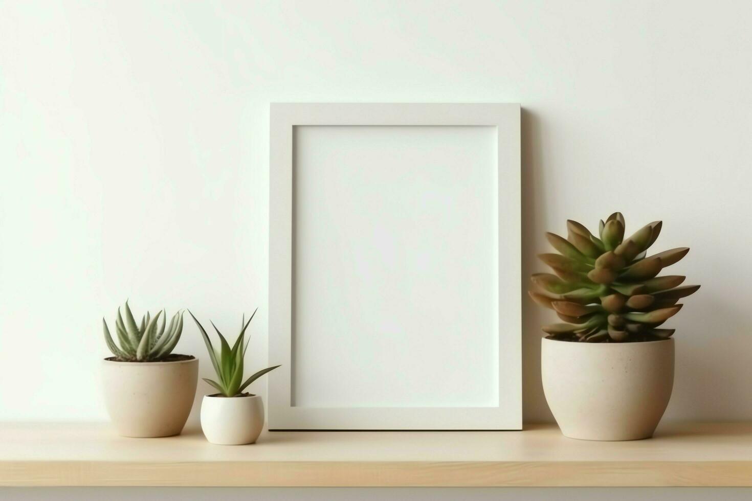 Frame mock up of blank picture standing on a shelf with succulent plant or cactus in scandinavian concept by AI Generated photo