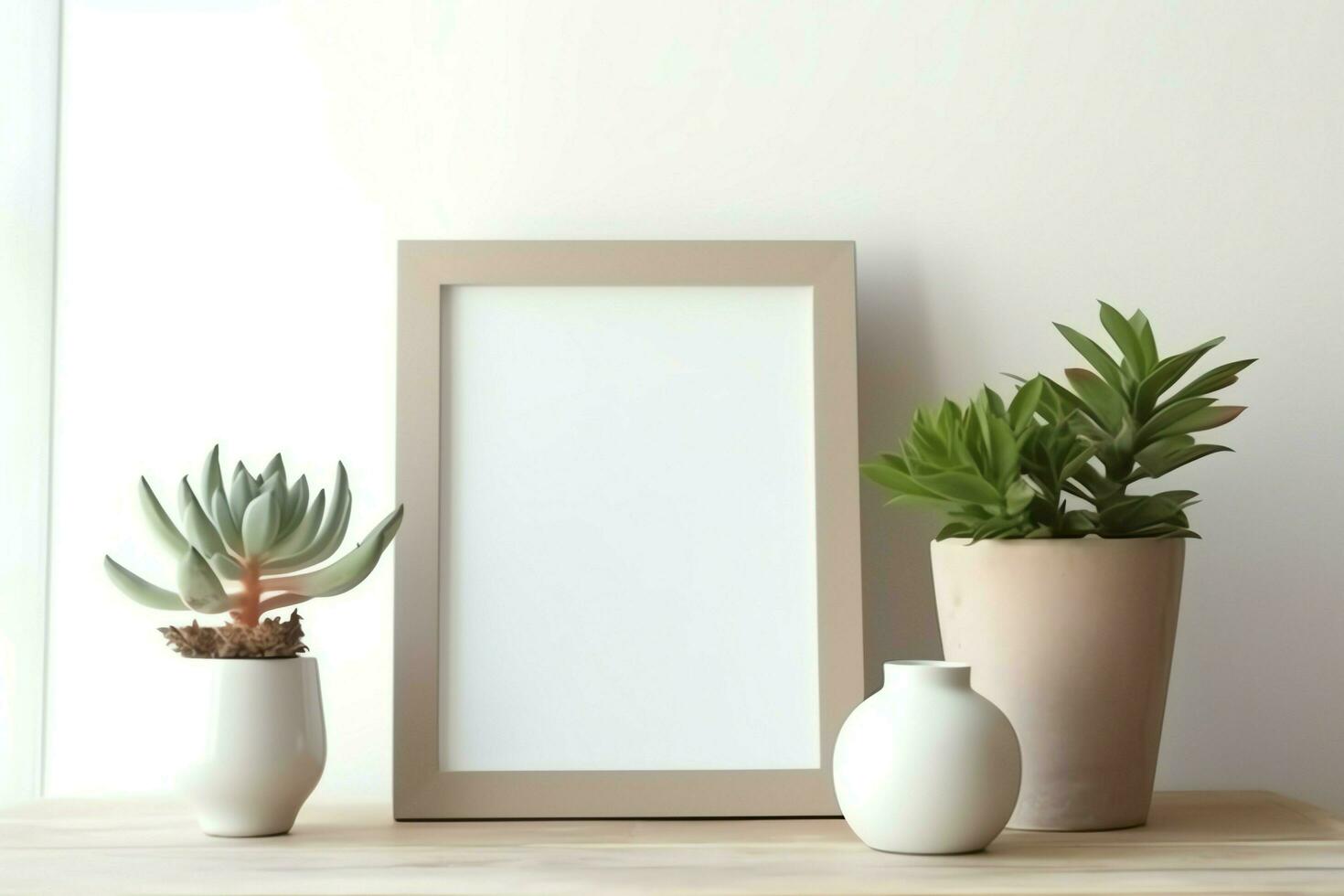 Frame mock up of blank picture standing on a shelf with succulent plant or cactus in scandinavian concept by AI Generated photo
