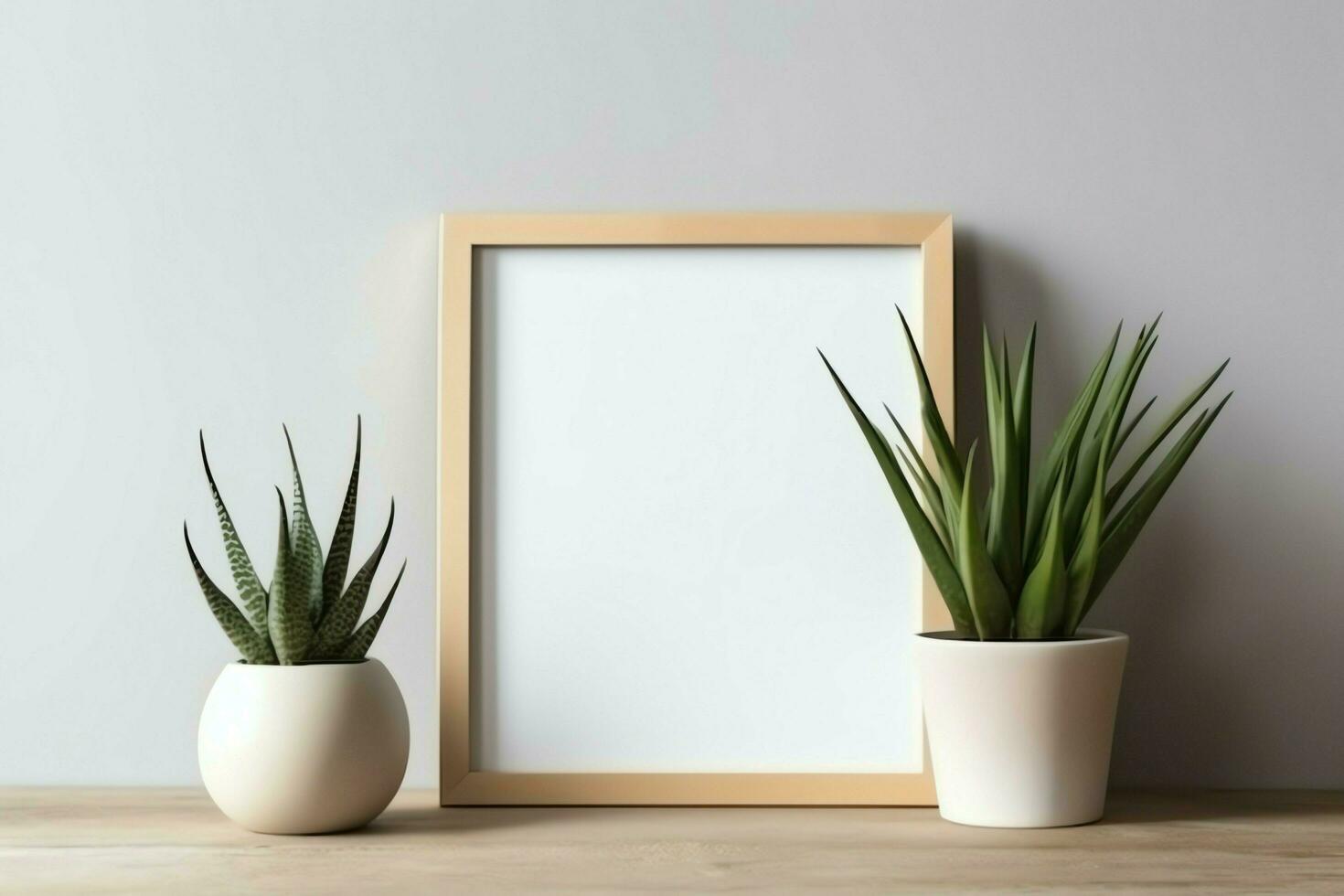 Frame mock up of blank picture standing on a shelf with succulent plant or cactus in scandinavian concept by AI Generated photo