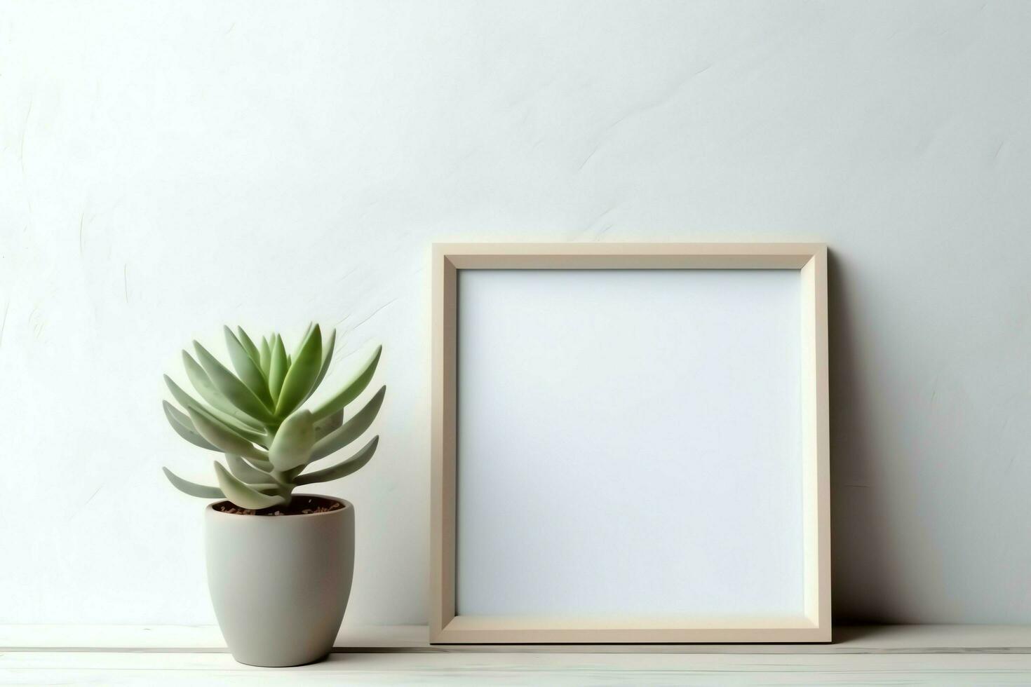 Frame mock up of blank picture standing on a shelf with succulent plant or cactus in scandinavian concept by AI Generated photo